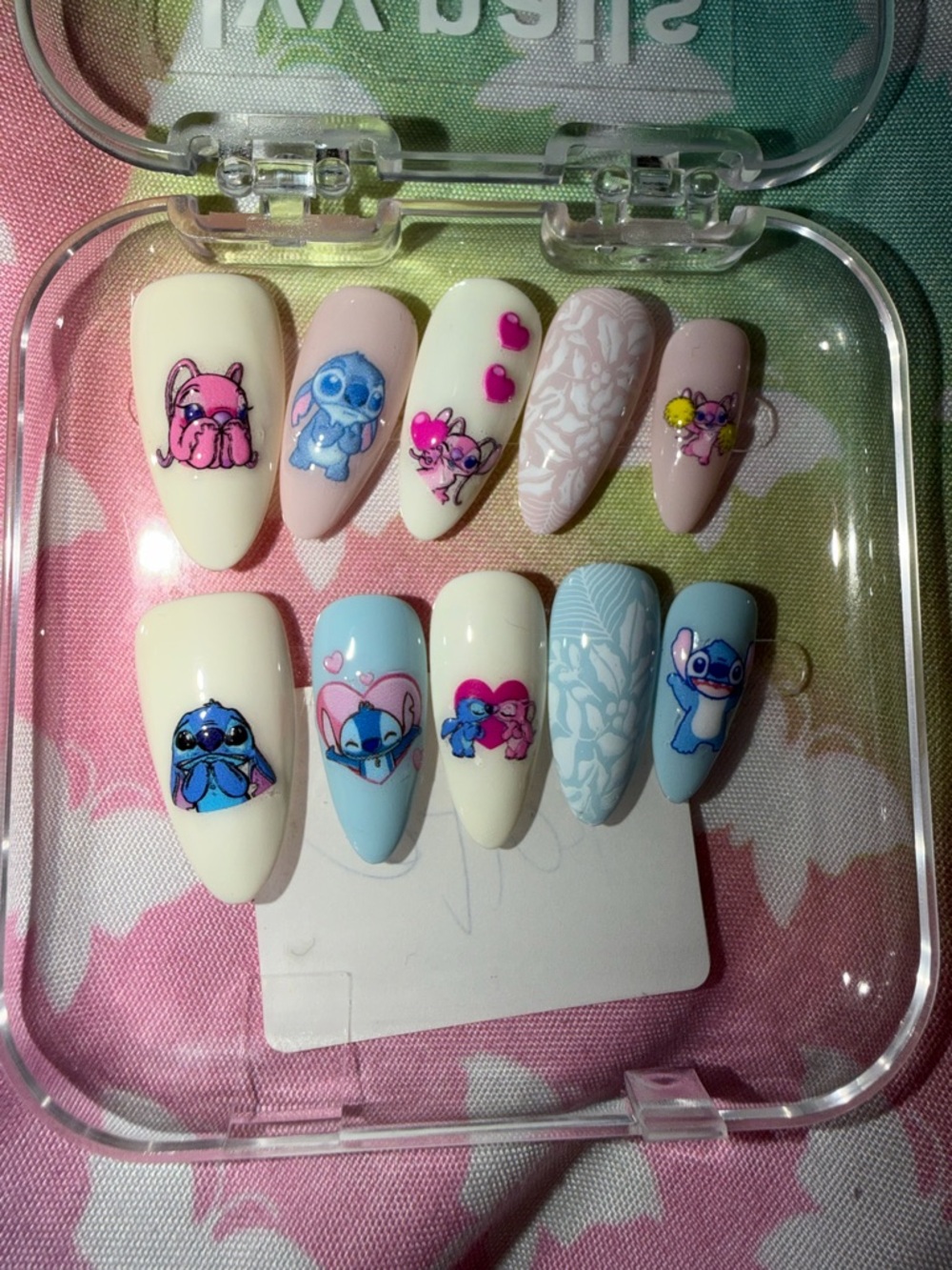 Cute Stitch & Friends Press-On Nails in Pastel Blue and Cream